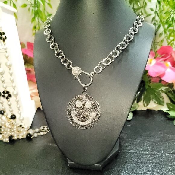 Black Diamond Smiley Face Necklace - Picture 7 of 17